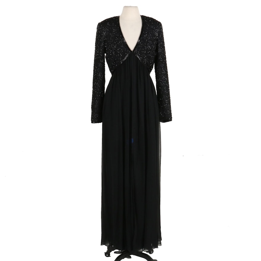 Stephen Yearick Hand-Beaded Black Silk Overlay Evening Gown with Front-Slit