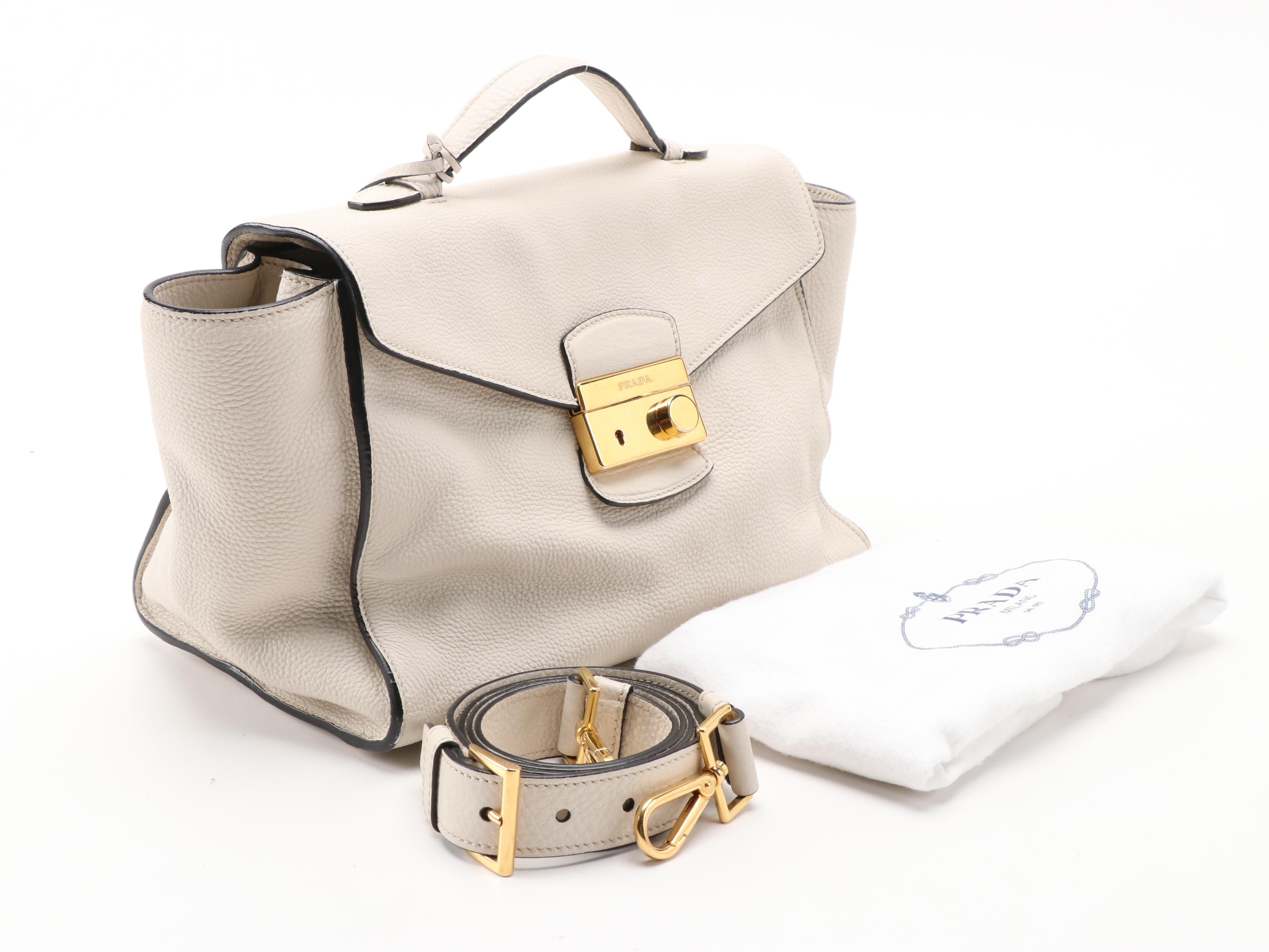 Prada Two-Way Flap Bag in Off-White Vitello Daino Leather