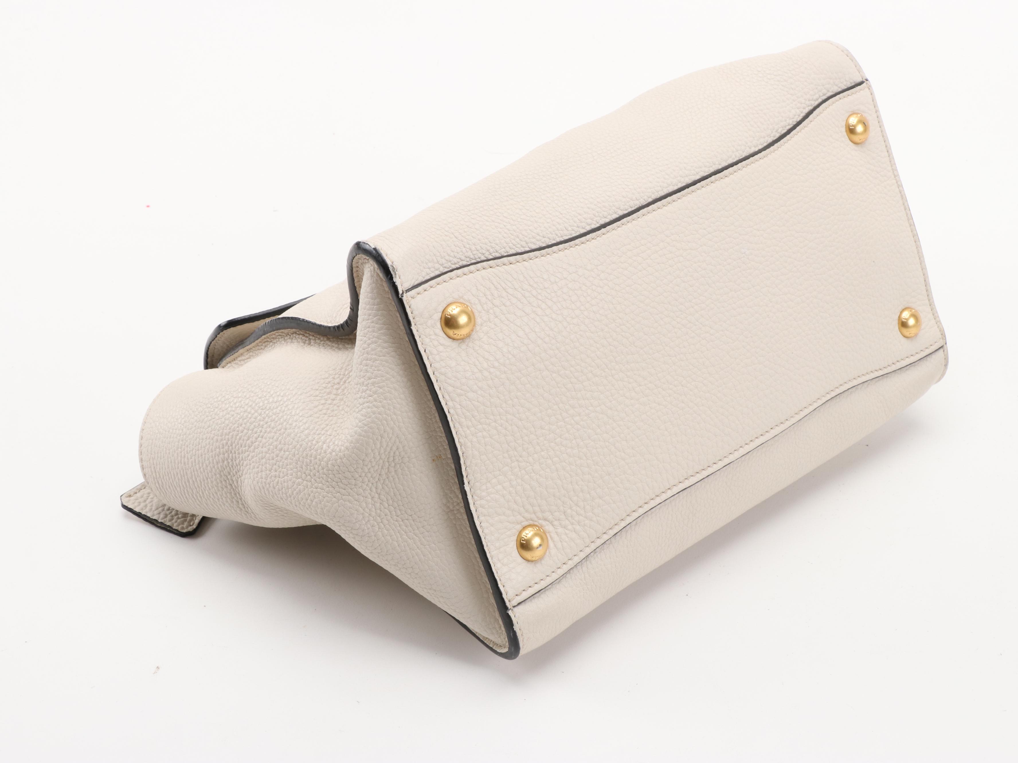 Prada Two-Way Flap Bag in Off-White Vitello Daino Leather