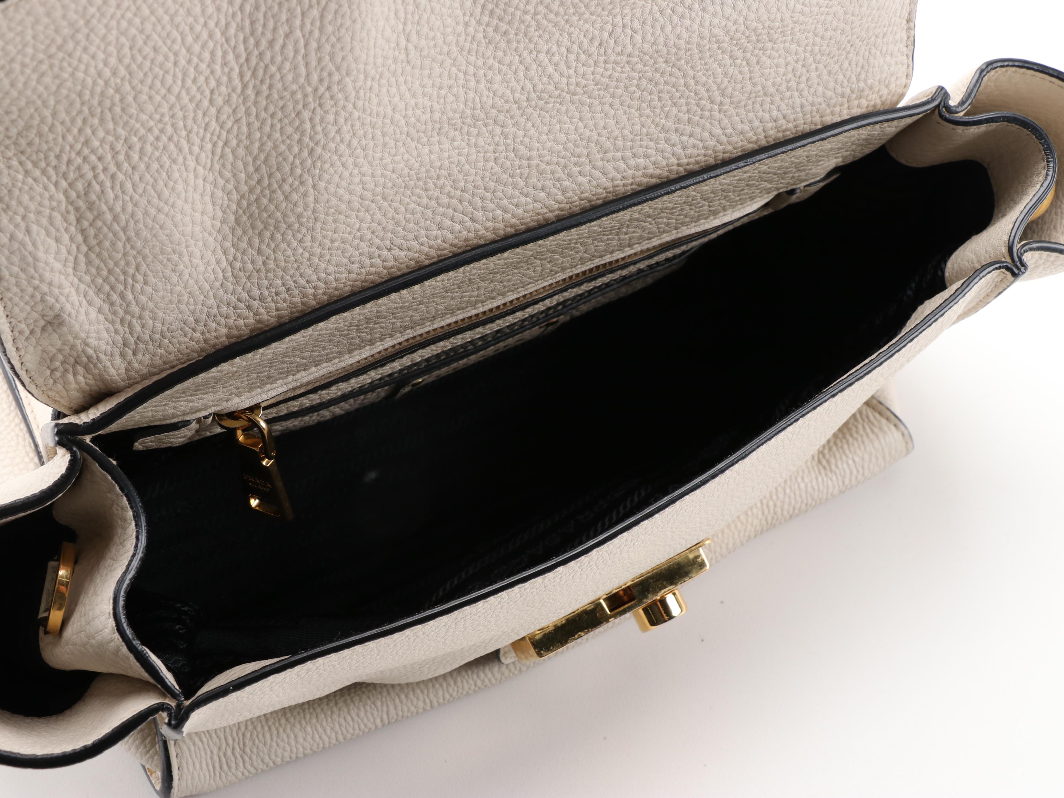 Prada Two-Way Flap Bag in Off-White Vitello Daino Leather