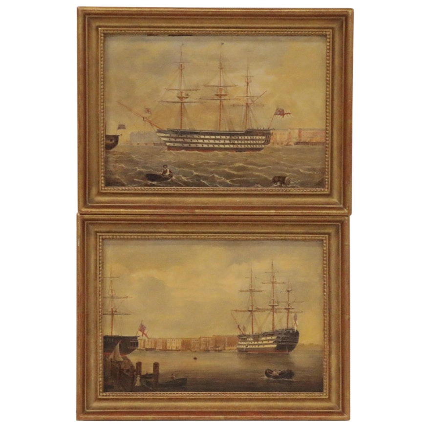 British Naval Scene Folk Art Paintings, Late 19th to Early 20th Century