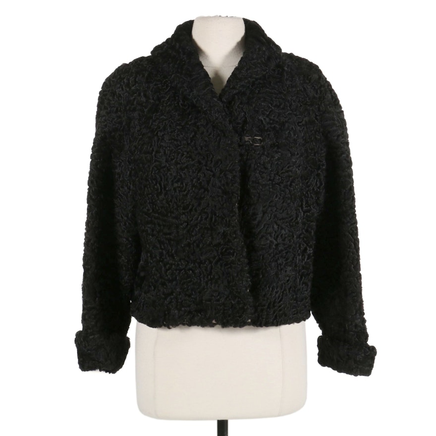 Black Persian Lamb Fur Dolman Sleeve Cropped Jacket, Mid-20th Century