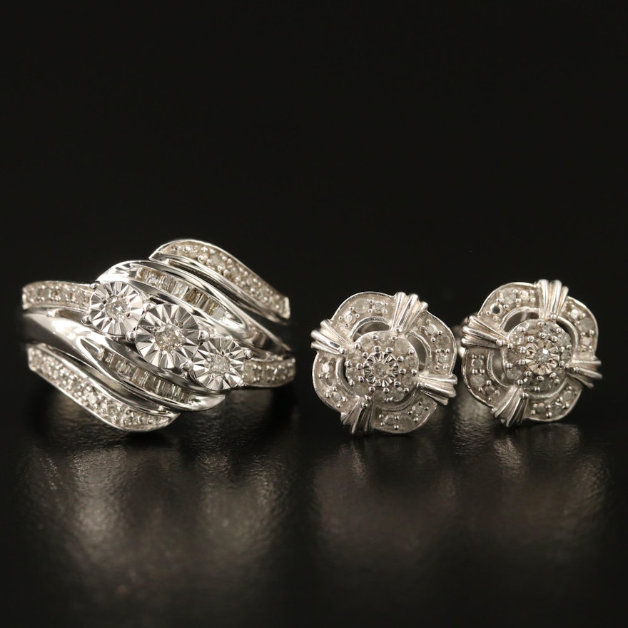 Sterling Diamond Wave Ring and Stud Earring Set
