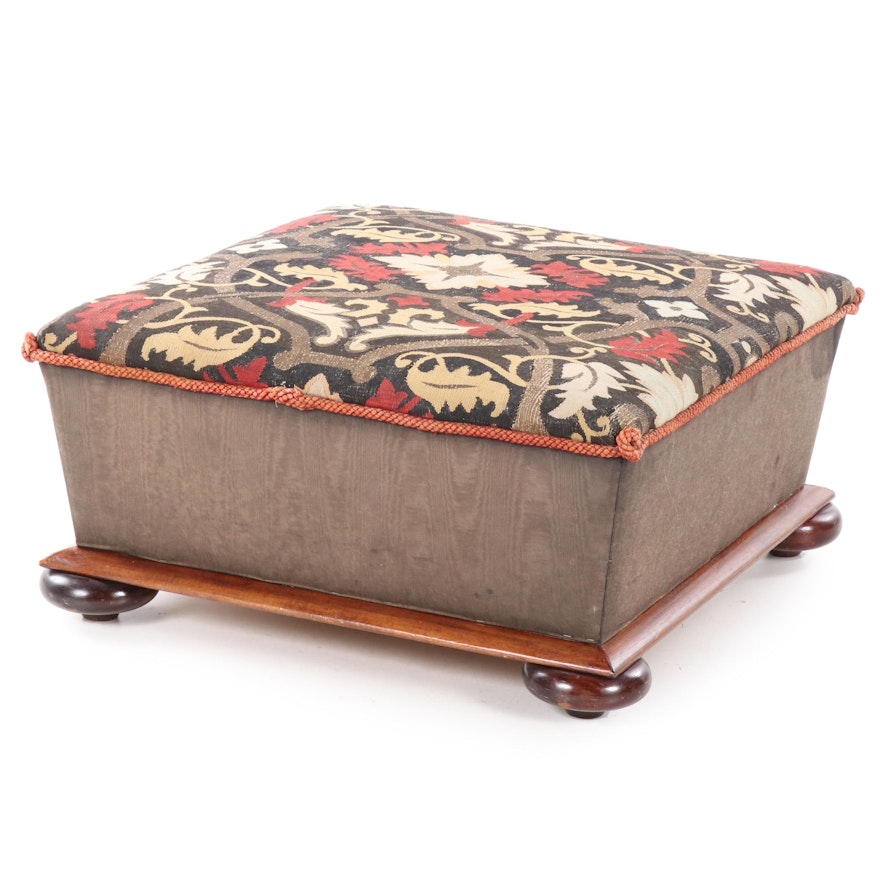 English Bun Foot Ottoman with Aubusson Rug Upholstered Top, 19th Century