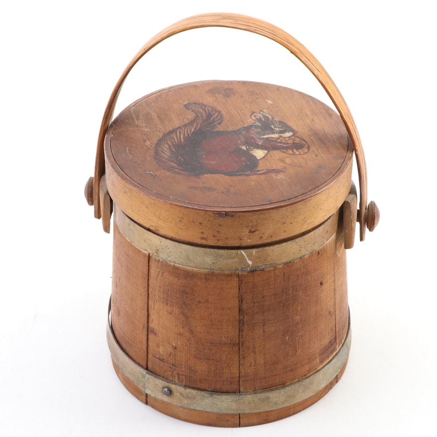 Decorative Small Wood Firkin with Paint-Decorated Lid