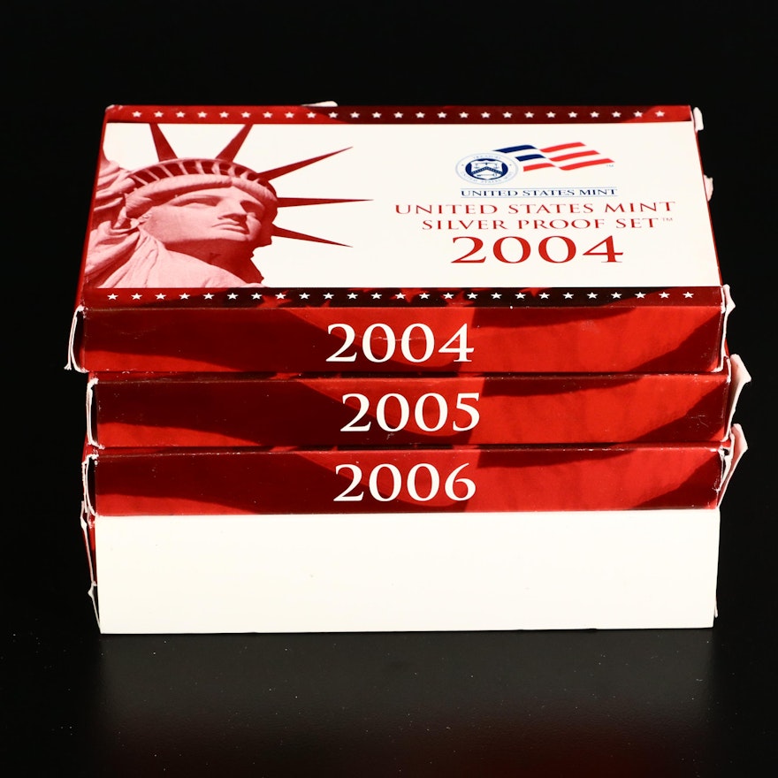 Four U.S. Mint Silver Proof Sets, 2004 to 2007