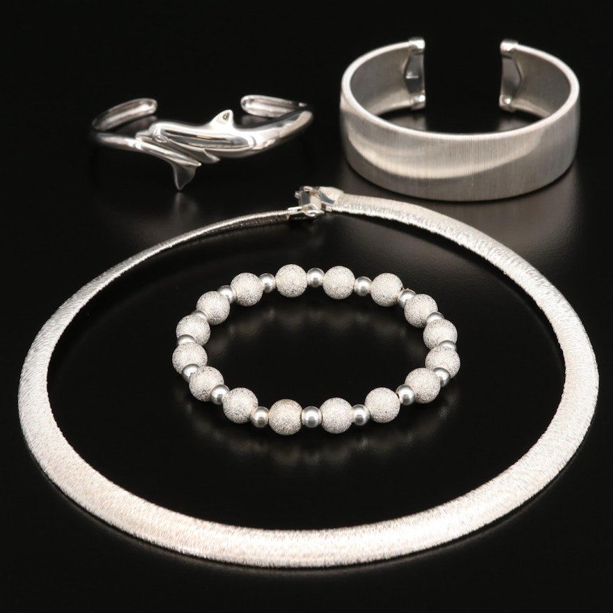 Sterling Silver Bracelets and Necklace Featuring Wyland Foundation Dolphin Cuff