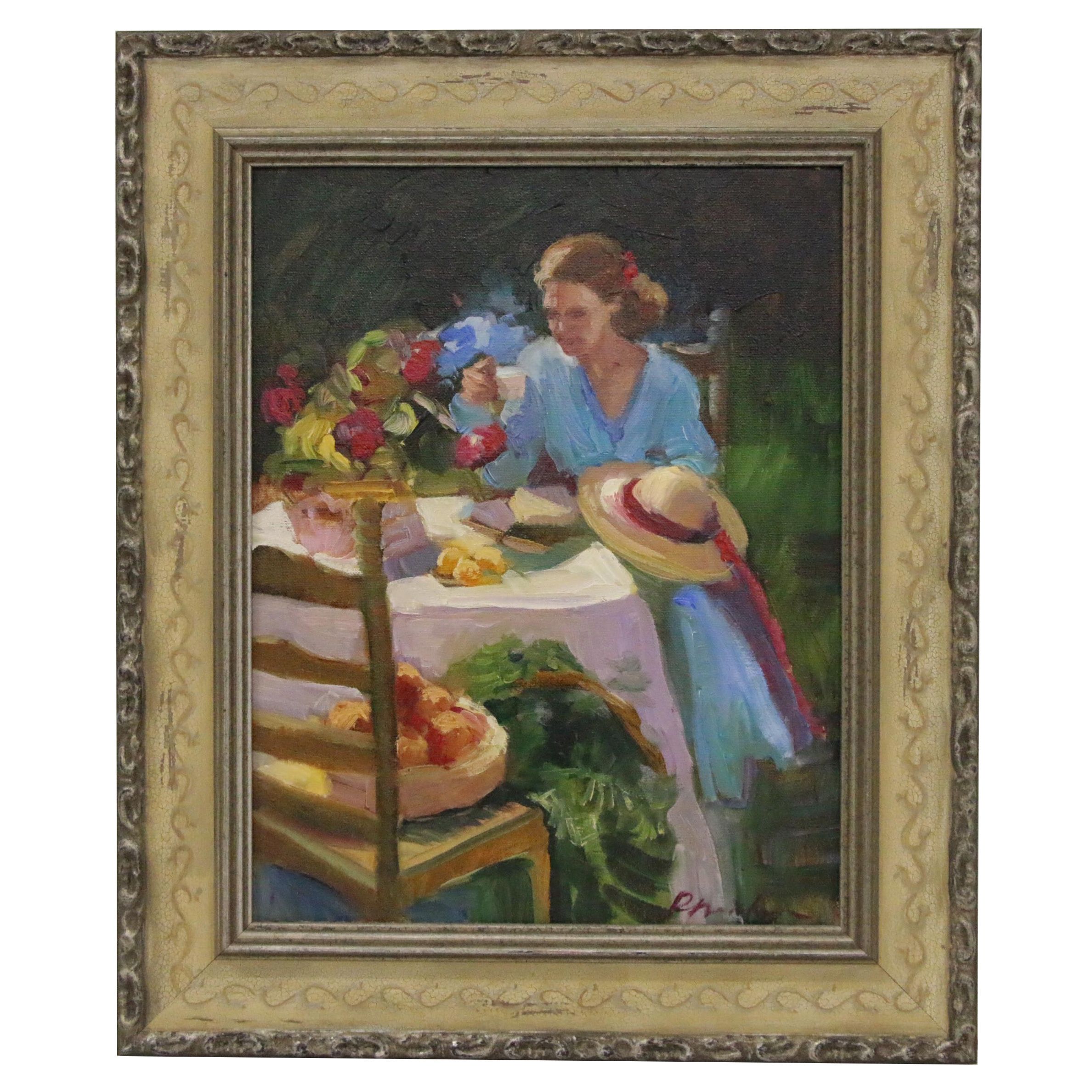 Sally Rosenbaum Oil Painting of Woman at Outdoor Table, 21st Century