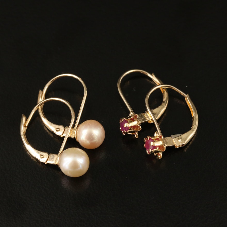 14K Corundum and Pearl Drop Earrings