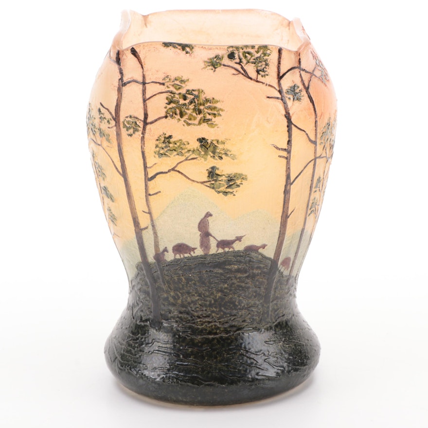 Legras French Hand-Painted Enameled Glass Vase, Early 20th Century