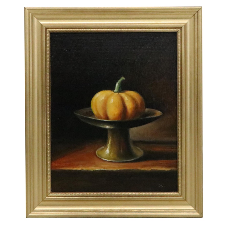 Houra H. Alghizzi Still Life Oil Painting "Pumpkin in Antique Bowl," 2020