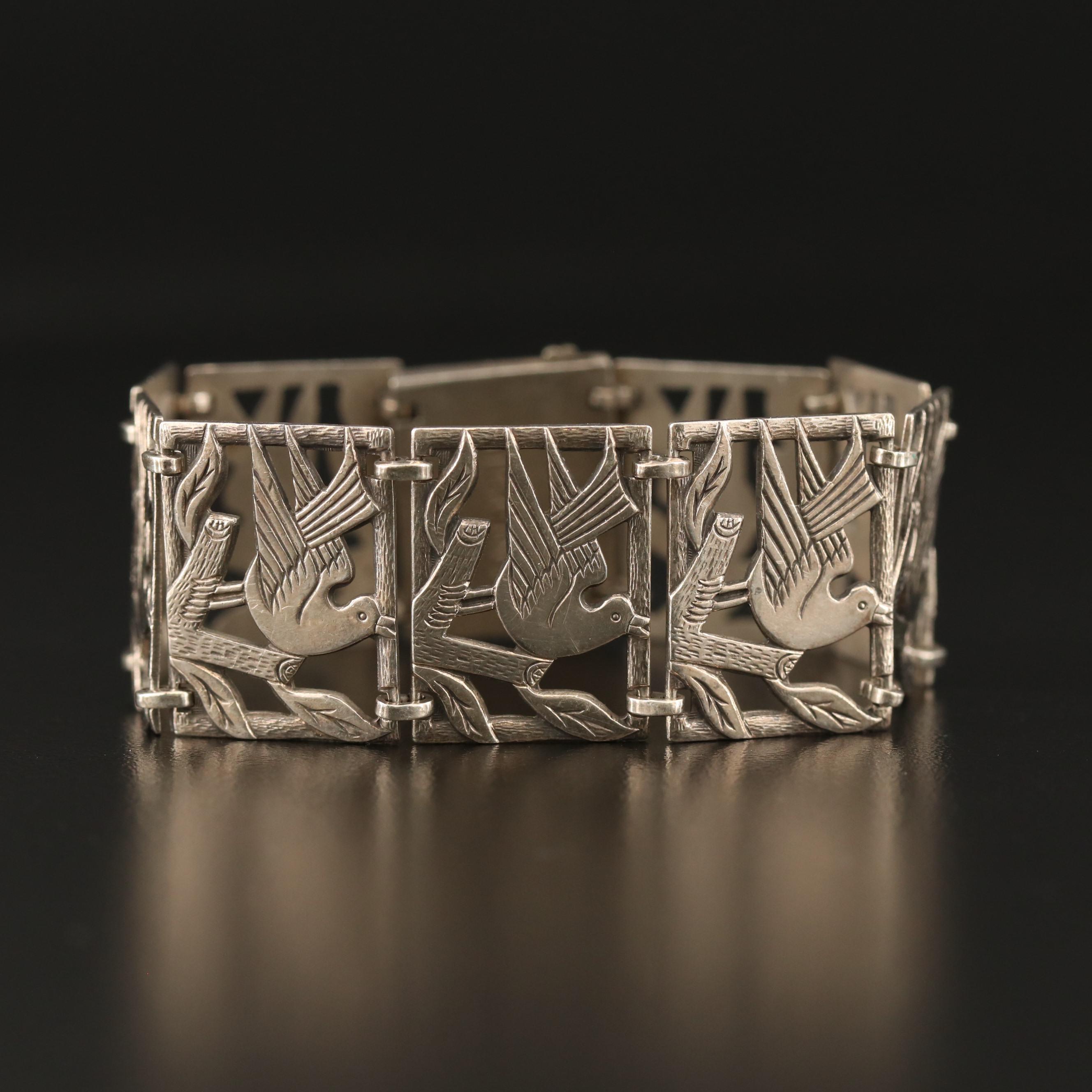 Vintage Sterling Silver Bird Motif Panel Bracelet