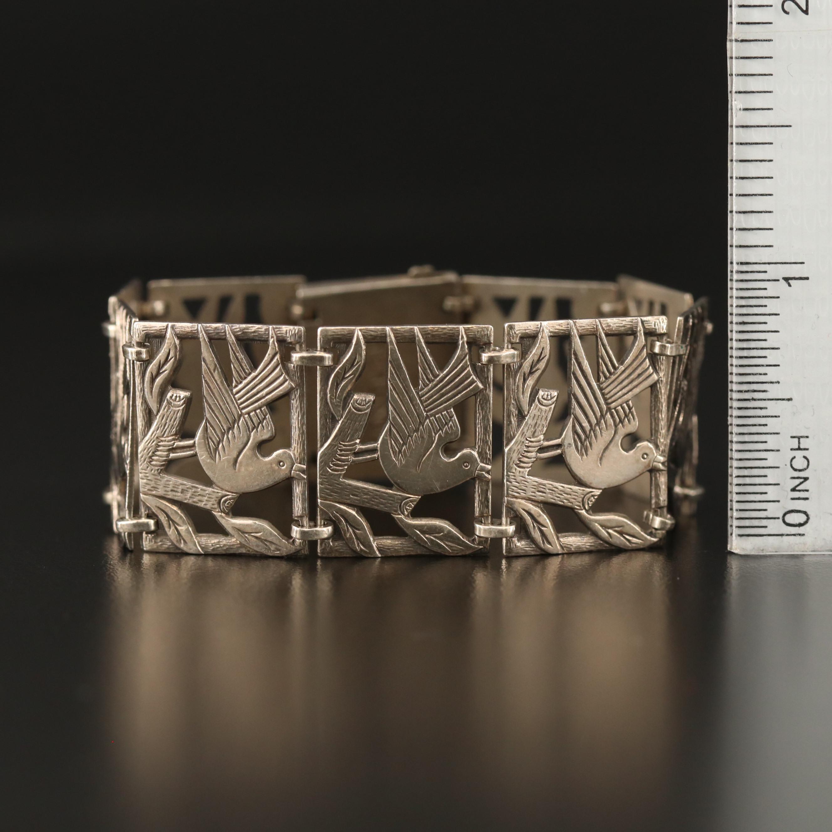 Vintage Sterling Silver Bird Motif Panel Bracelet