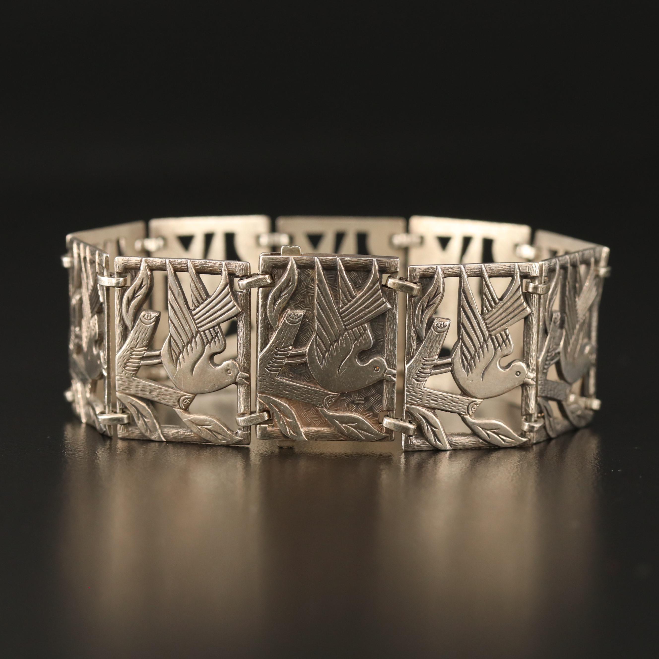 Vintage Sterling Silver Bird Motif Panel Bracelet
