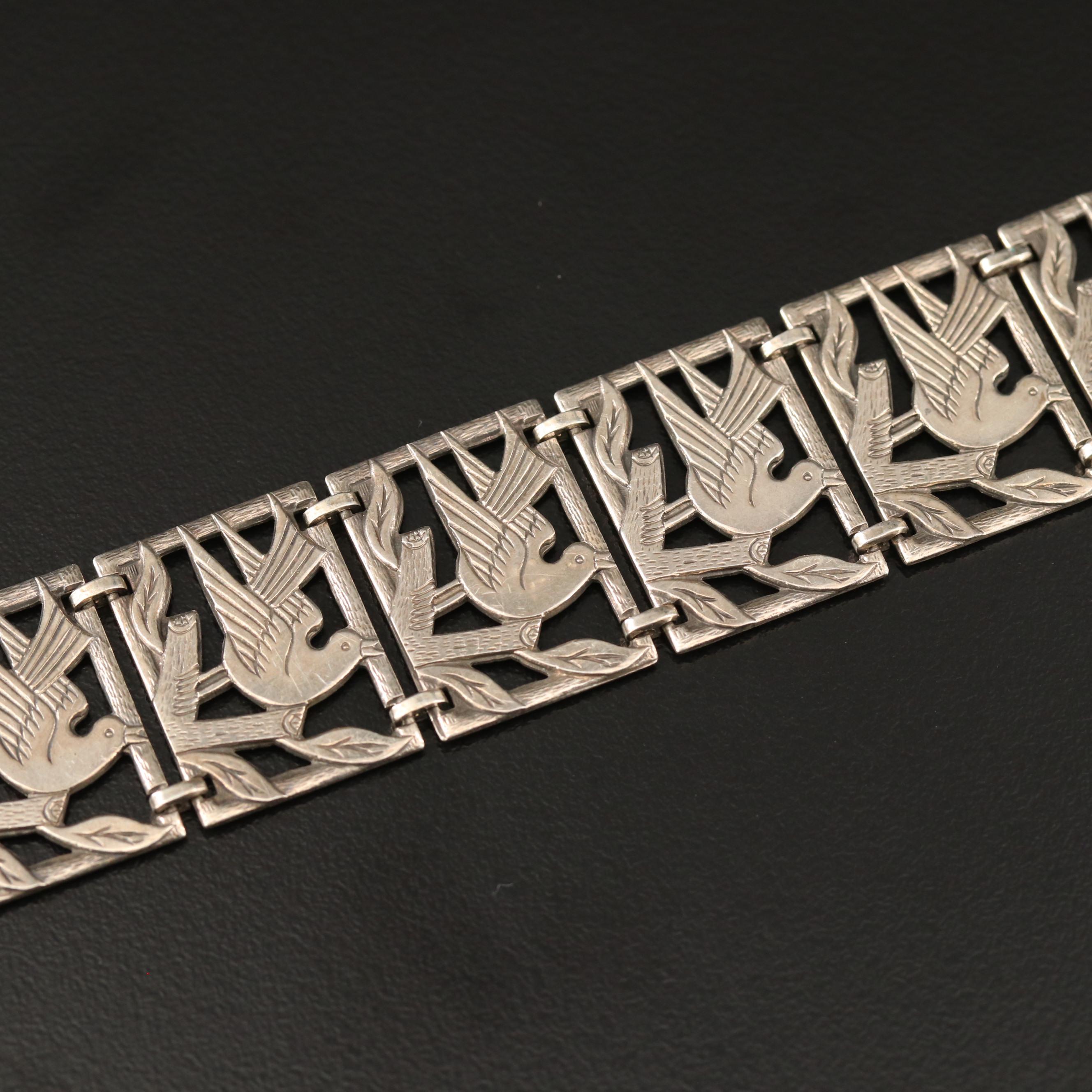 Vintage Sterling Silver Bird Motif Panel Bracelet