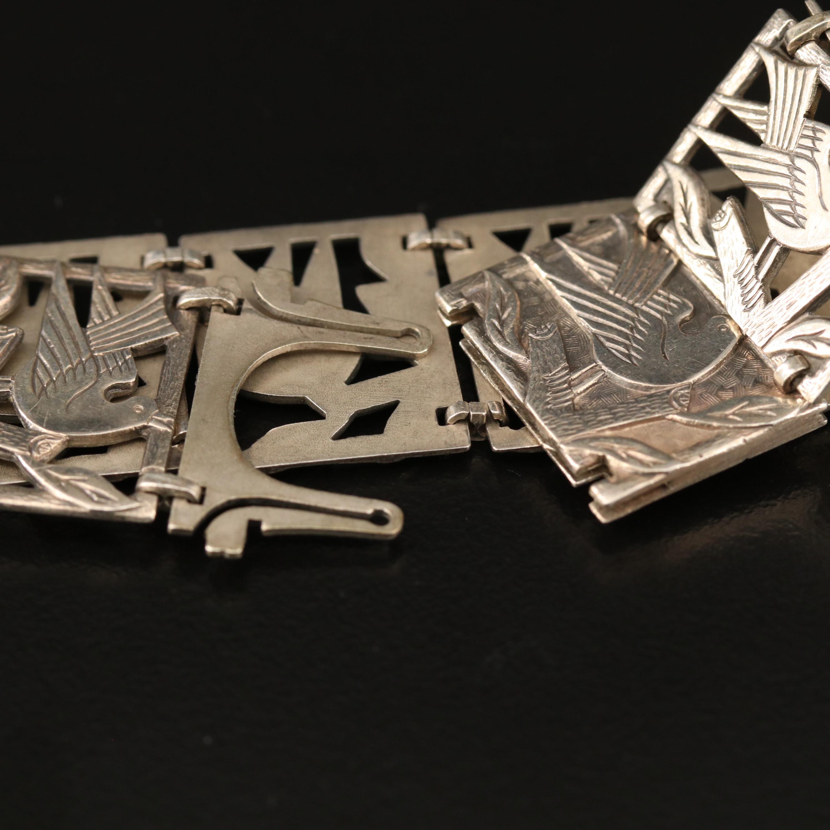 Vintage Sterling Silver Bird Motif Panel Bracelet