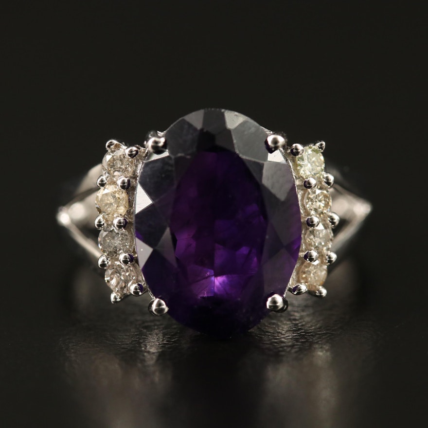 Sterling Amethyst and Diamond Ring with Split Shoulders