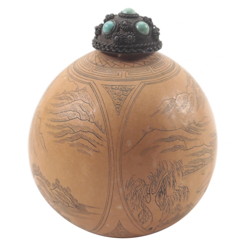 Chinese Scrimshaw Gourd Snuff Bottle with Turquoise Inlaid Stopper