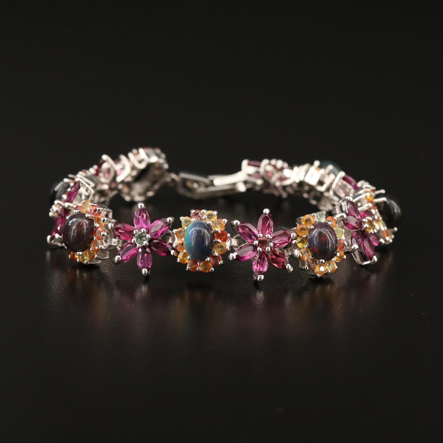 Sterling Silver Opal, Garnet and Sapphire Floral Bracelet