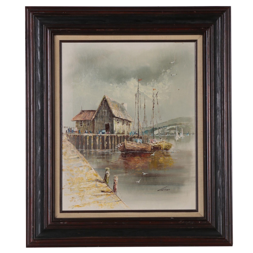 Oil Painting of Seaport, 20th Century