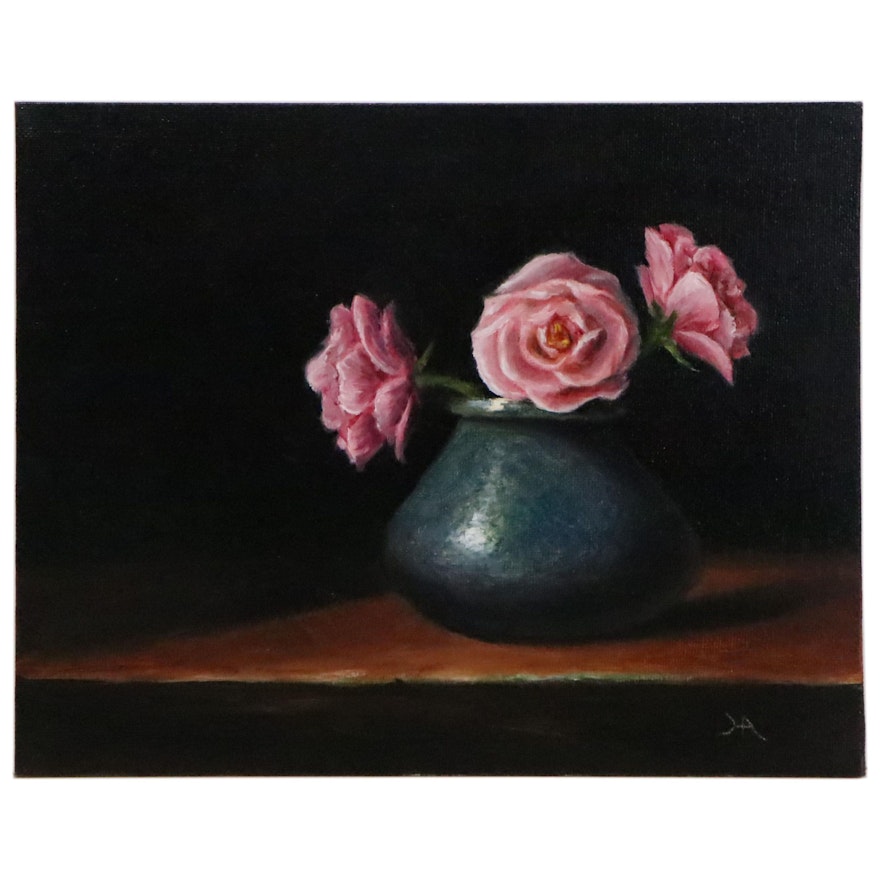 Houra H. Alghizzi Still Life Oil Painting "English Roses in Blue Vase," 2020