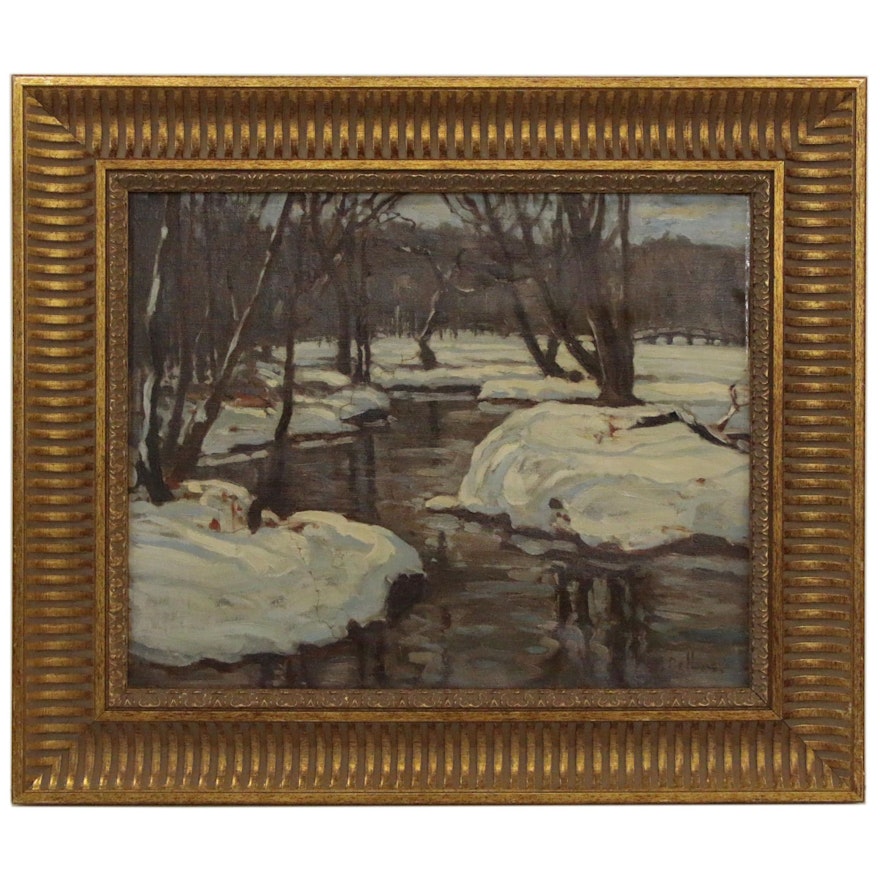Julius Maximilian Delbos Winter Landscape Oil Painting, Early 20th Century