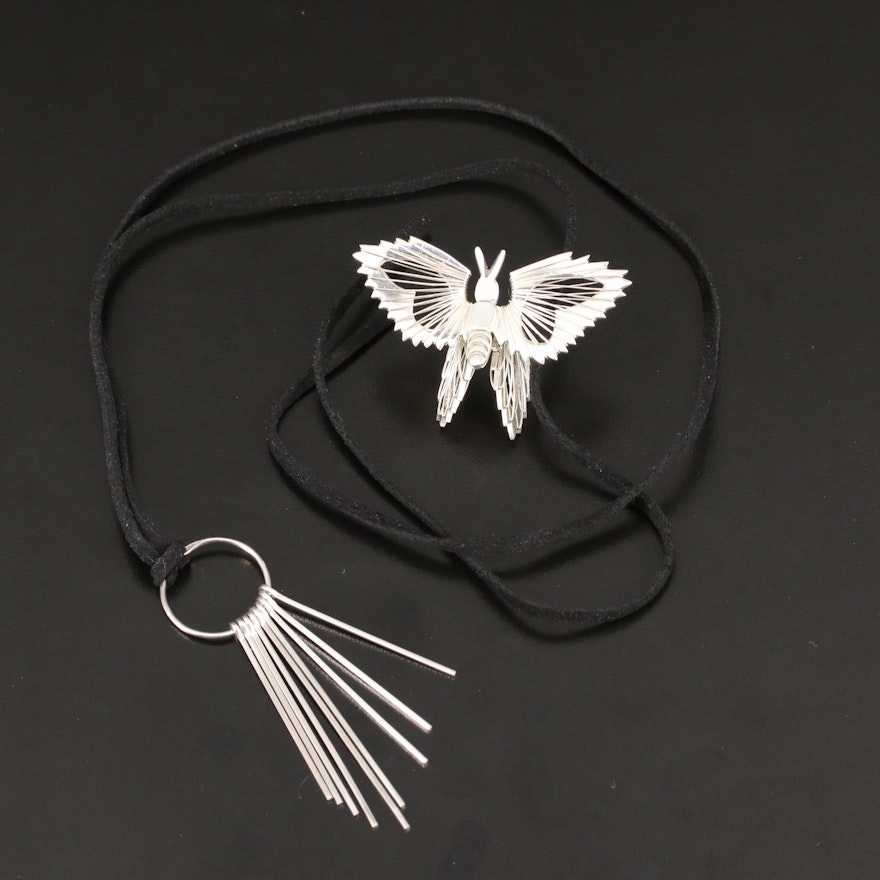 Sterling Fringe Bar Pendant Necklace and Dimensional Insect Brooch