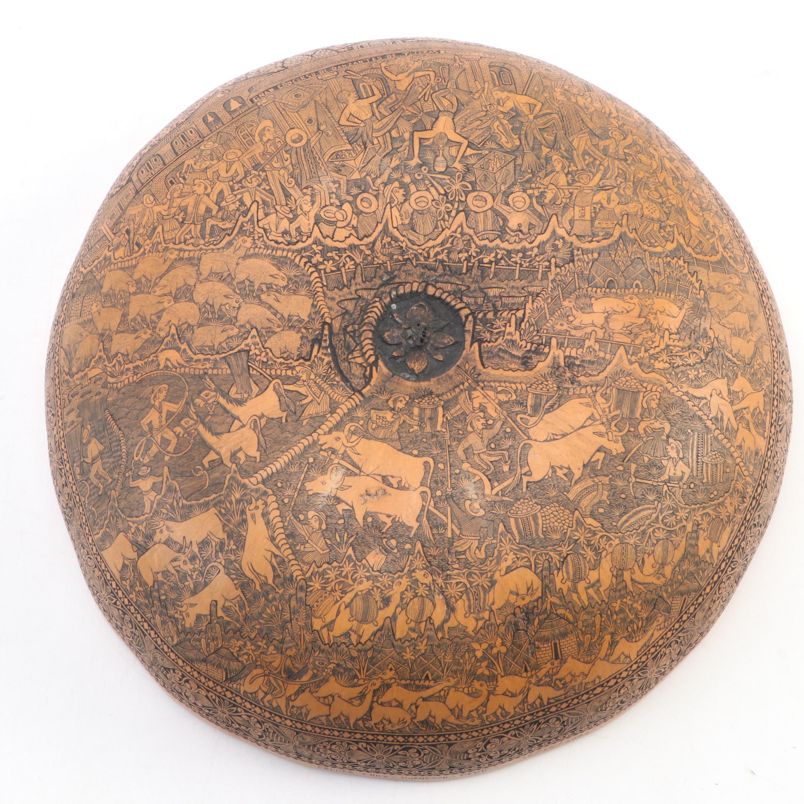 Peruvian Scrimshaw Gourd Bowl of Gran Concurso de Danzantes de Tijera