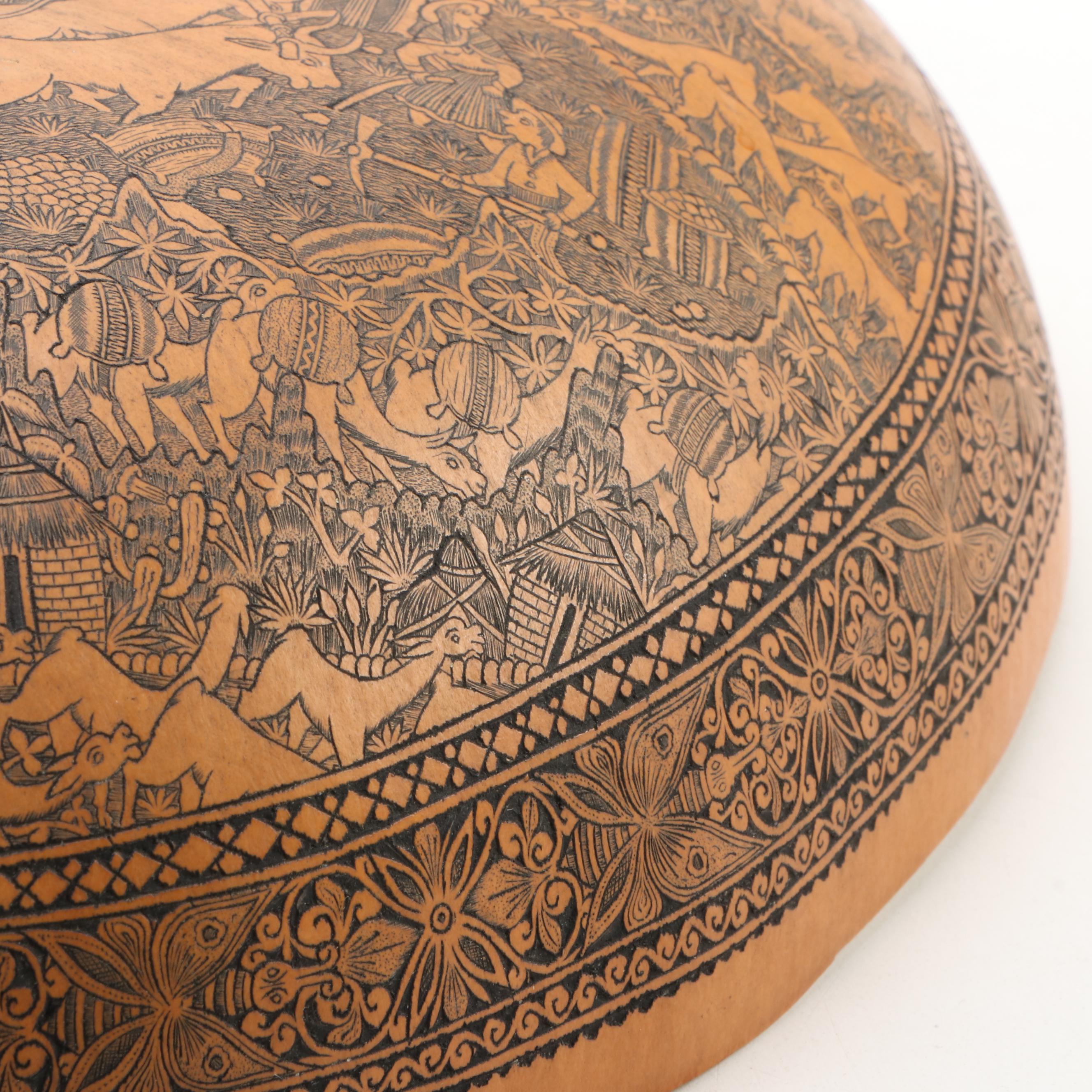 Peruvian Scrimshaw Gourd Bowl of Gran Concurso de Danzantes de Tijera