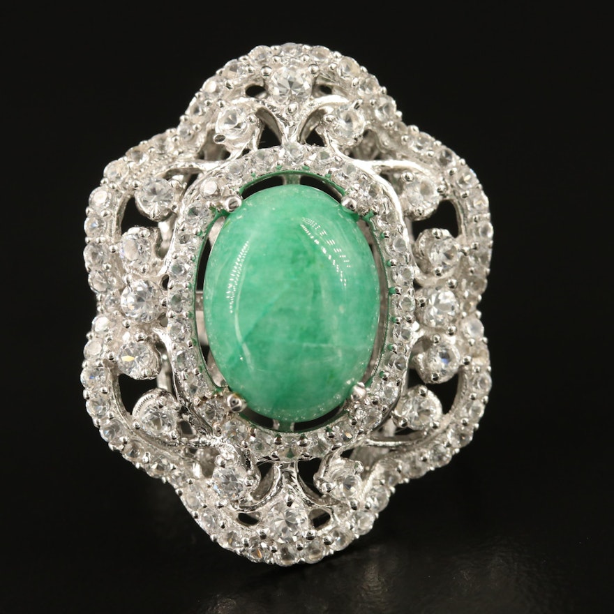 Sterling Silver Emerald and Sapphire Ring with Scalloped Edge