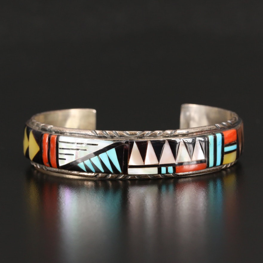 Earlene Bowannie, Zuni Sterling Coral, Turquoise and Mother of Pearl Bracelet