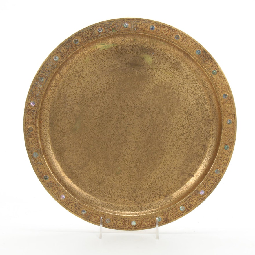 Tiffany Studios Bronze Doré Platter with Abalone Button Accents