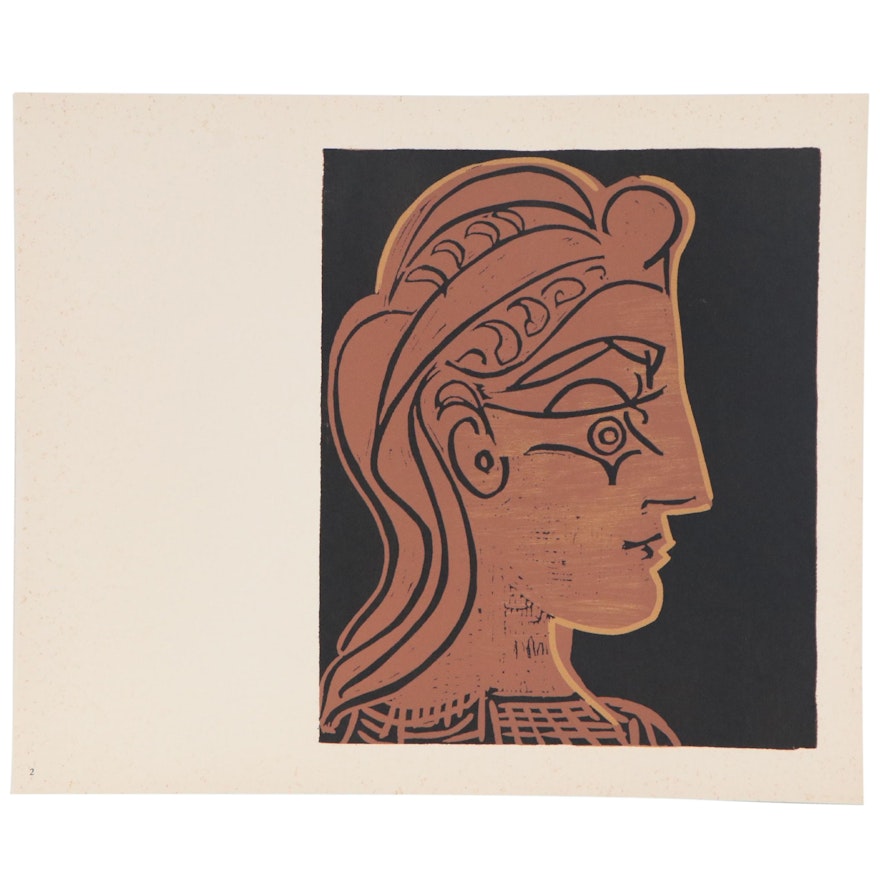 Pablo Picasso Linoleum Cut "Female Head in Profile," 1962