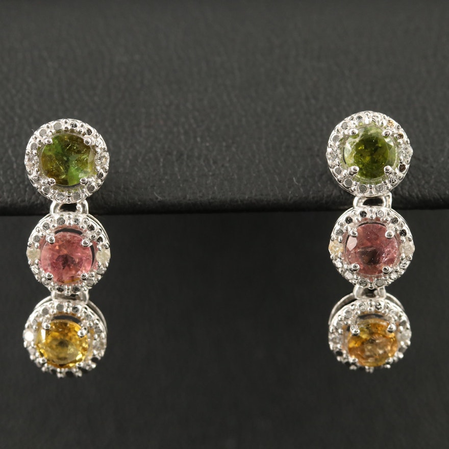 Sterling Tourmaline and Diamond Dangle Earrings