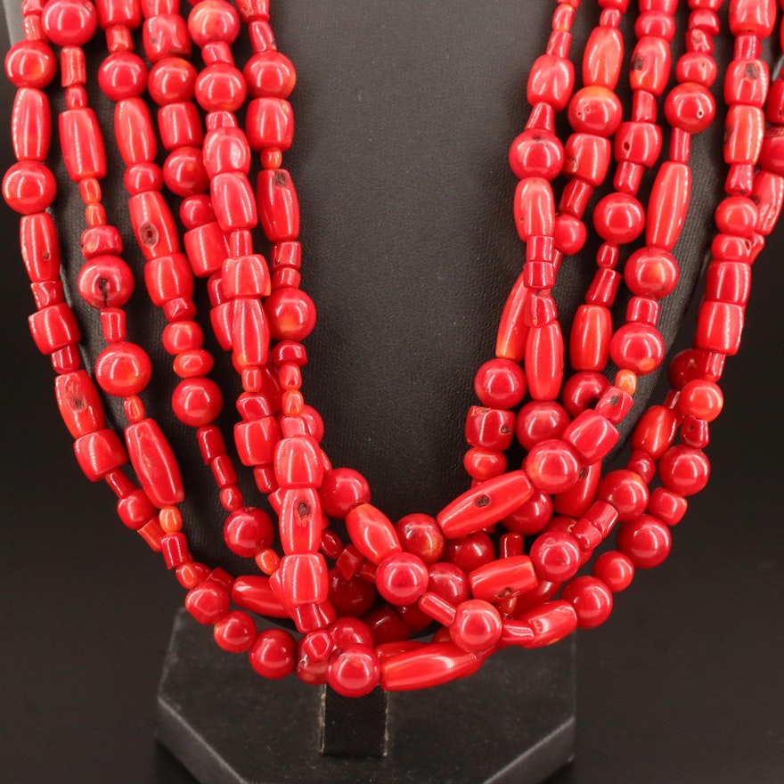 Coral Multi-Strand Necklace with Sterling Clasp