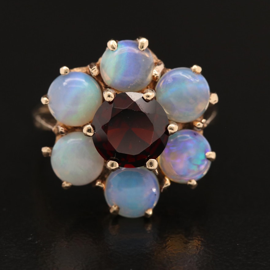 Vintage 10K Garnet and Opal Floral Motif Ring