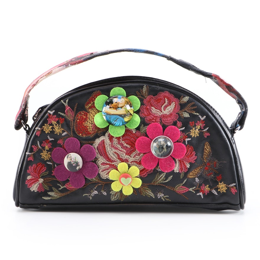 Sharif Floral Appliqué and Embroidered Leather Handbag