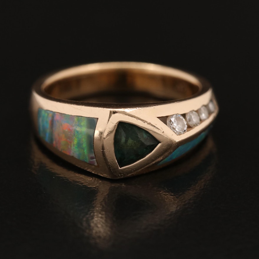 Contemporary 14K Tourmaline Ring with Opal Inlay and Channel Set Diamonds