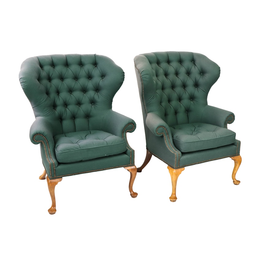 Pair of Baker Furniture Button Tufted Wingback Chairs, Late 20th Century