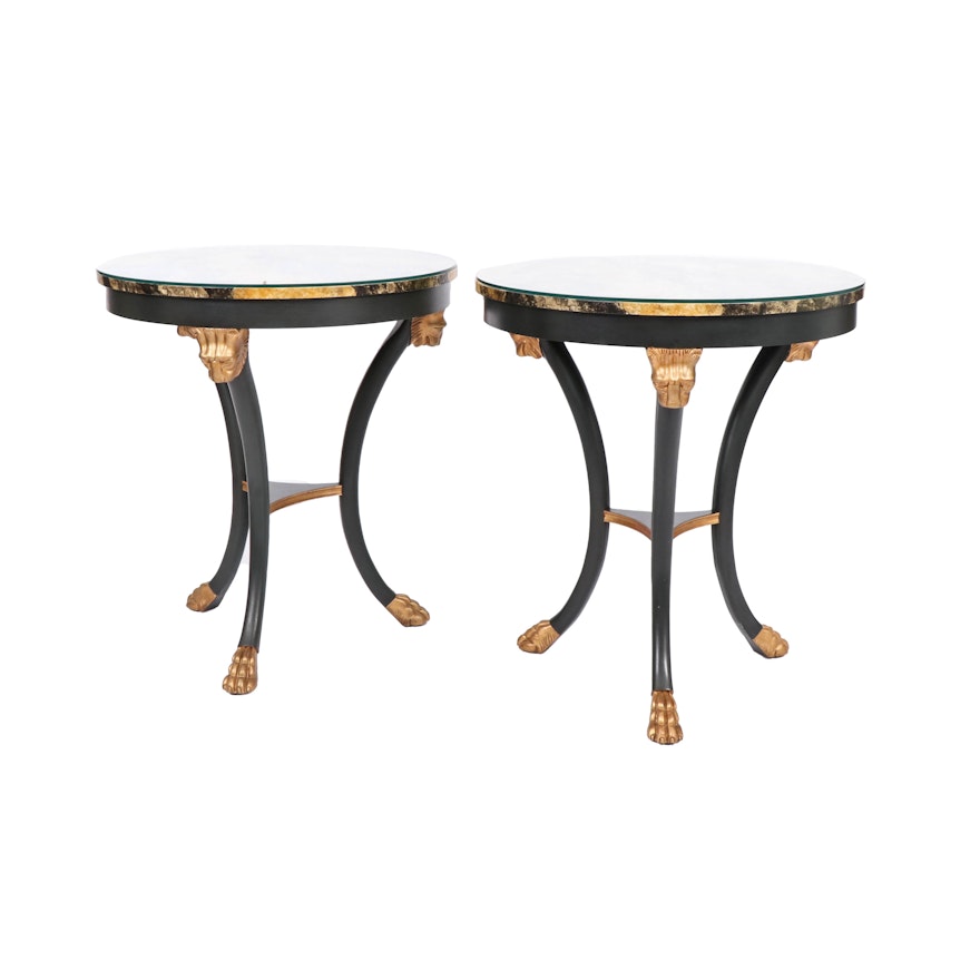 Baker French Empire Style Faux Marble Top Ebonized Wood Side Tables