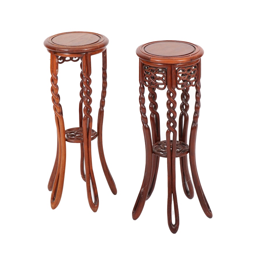 Pair of Wooden Open Barley Twist and Knot Plant Stands, Mid to Late 20th Century