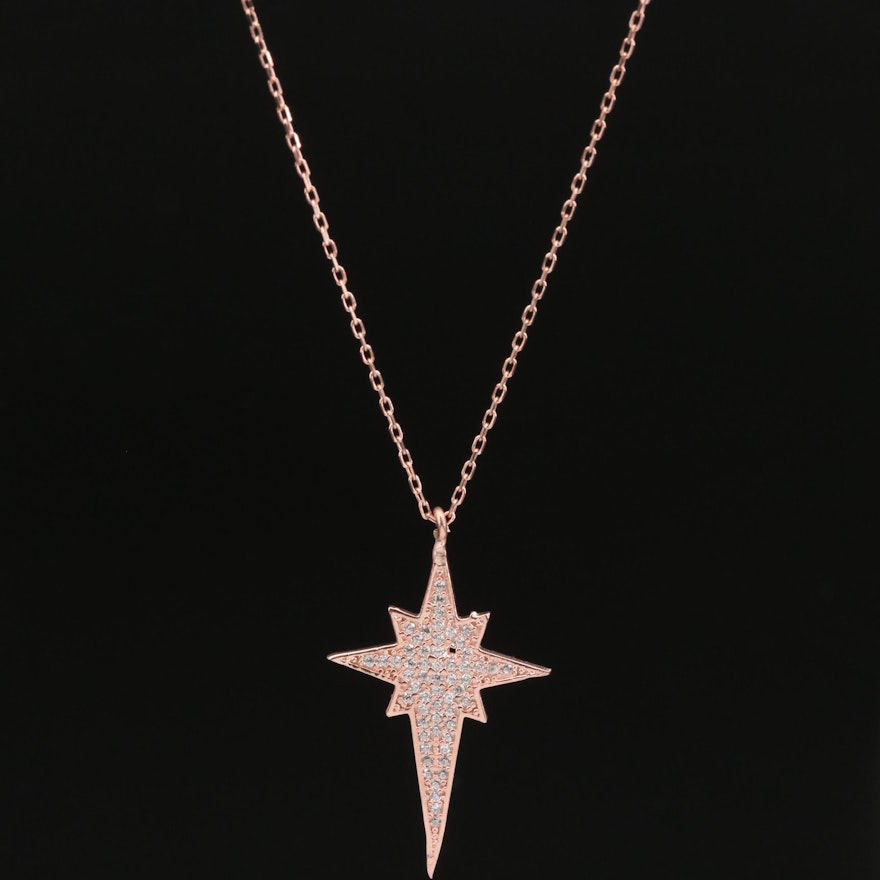 Sterling Silver North Star Pendant Necklace Featuring Cubic Zirconia Accents