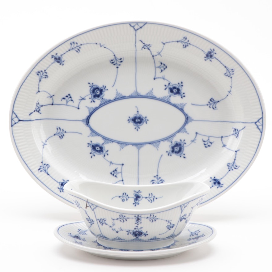 Royal Copenhagen "Blue Fluted Plain" Porcelain Platter and Sauce Boat, 1889-1922