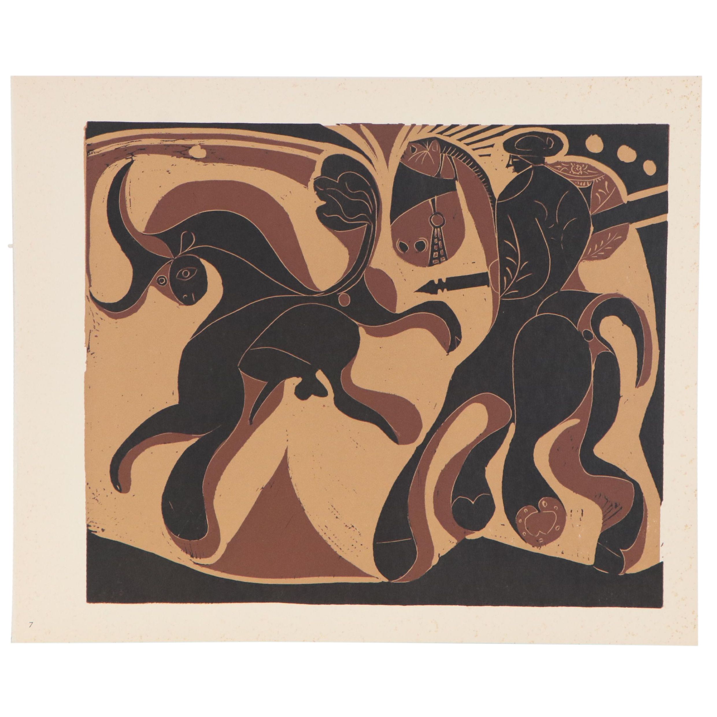 Pablo Picasso Linoleum Cut "Picador and Feeing Bull", 1962