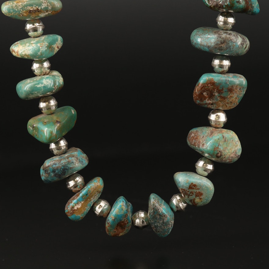 Southwestern Style Turquoise Necklace with Sterling Silver End Caps and Clasp