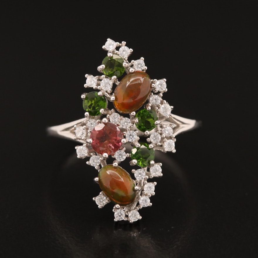 Sterling Silver Openwork Ring with Opal, Diopside, Cubic Zirconia and Tourmaline