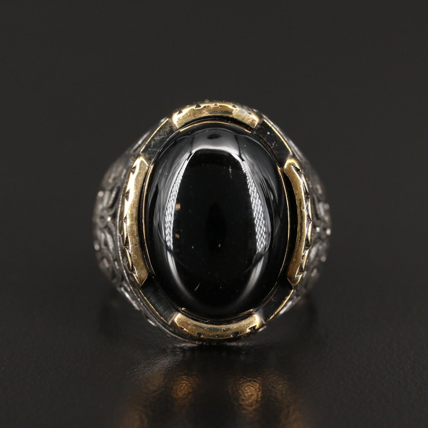 Sterling Silver Black Onyx Ring with Floral Motif