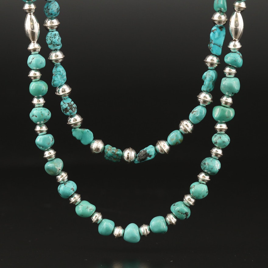 Southwestern Style Turquoise Necklaces with Sterling Clasp and Spacer Beads