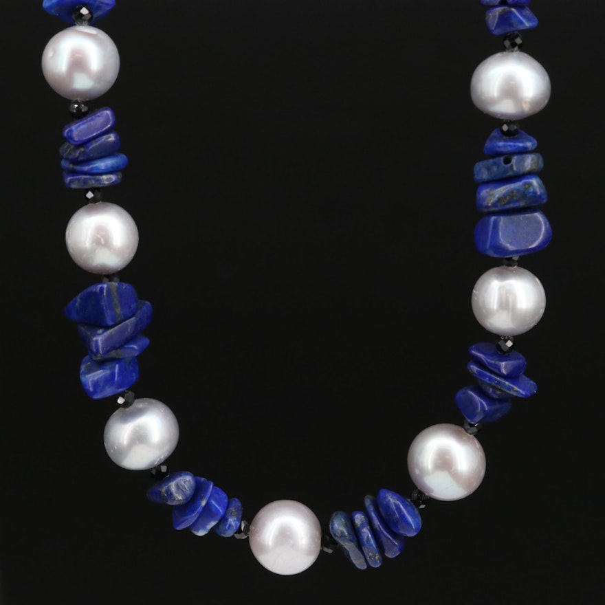 Pearl, Lapis Lazuli and Black Spinel Necklace with Sterling Silver Clasp