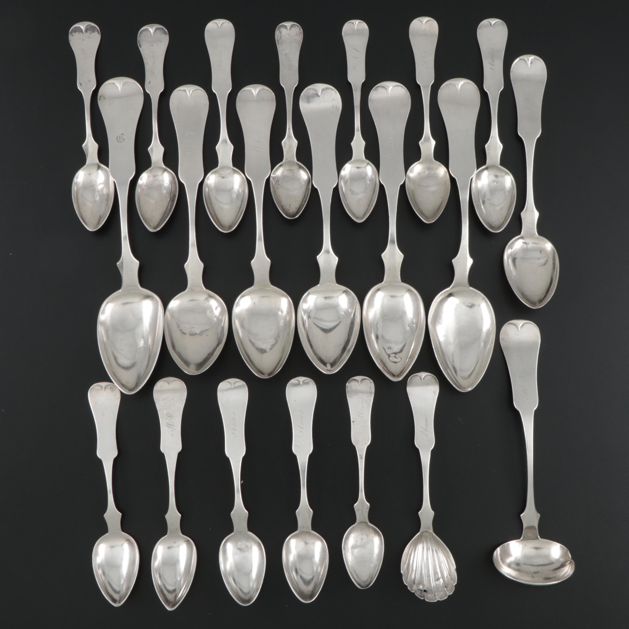 E. & D. Kinsey Fiddle Handle Coin Silver Spoons, Mid-19th Century